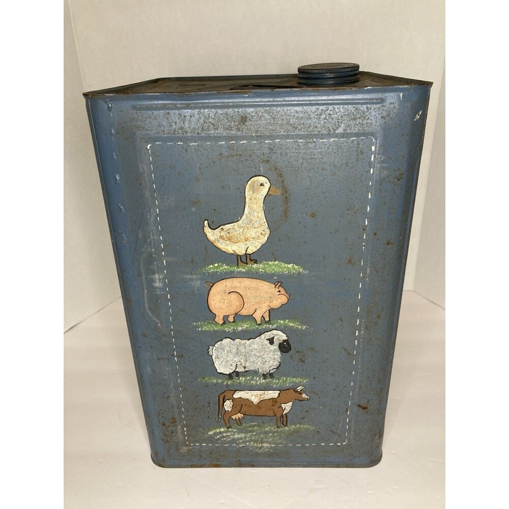 Vintage Folk Art Hand Painted Tin Berry Bucket Pail w/ Lid Farmhouse Country - Picture 2 of 8